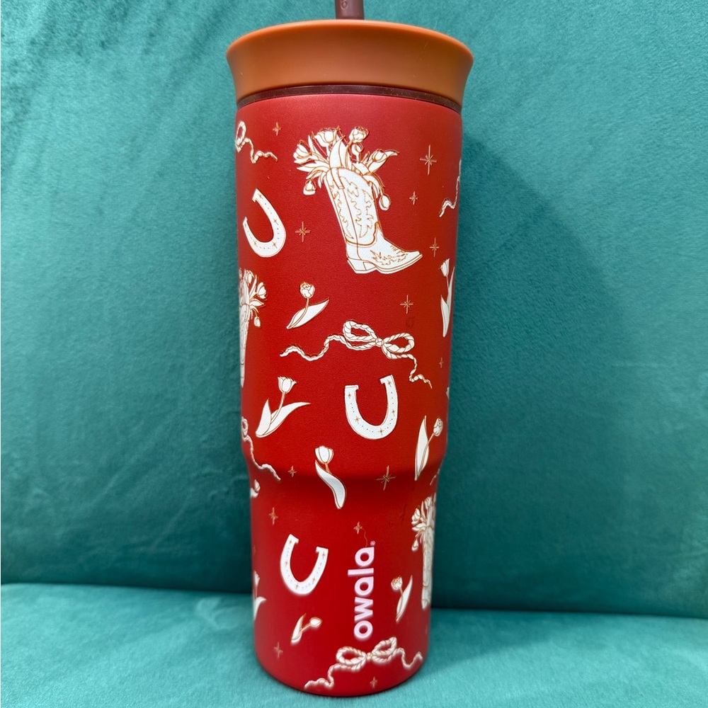 Owala Red Tumbler with White Design Special Edition w Straw